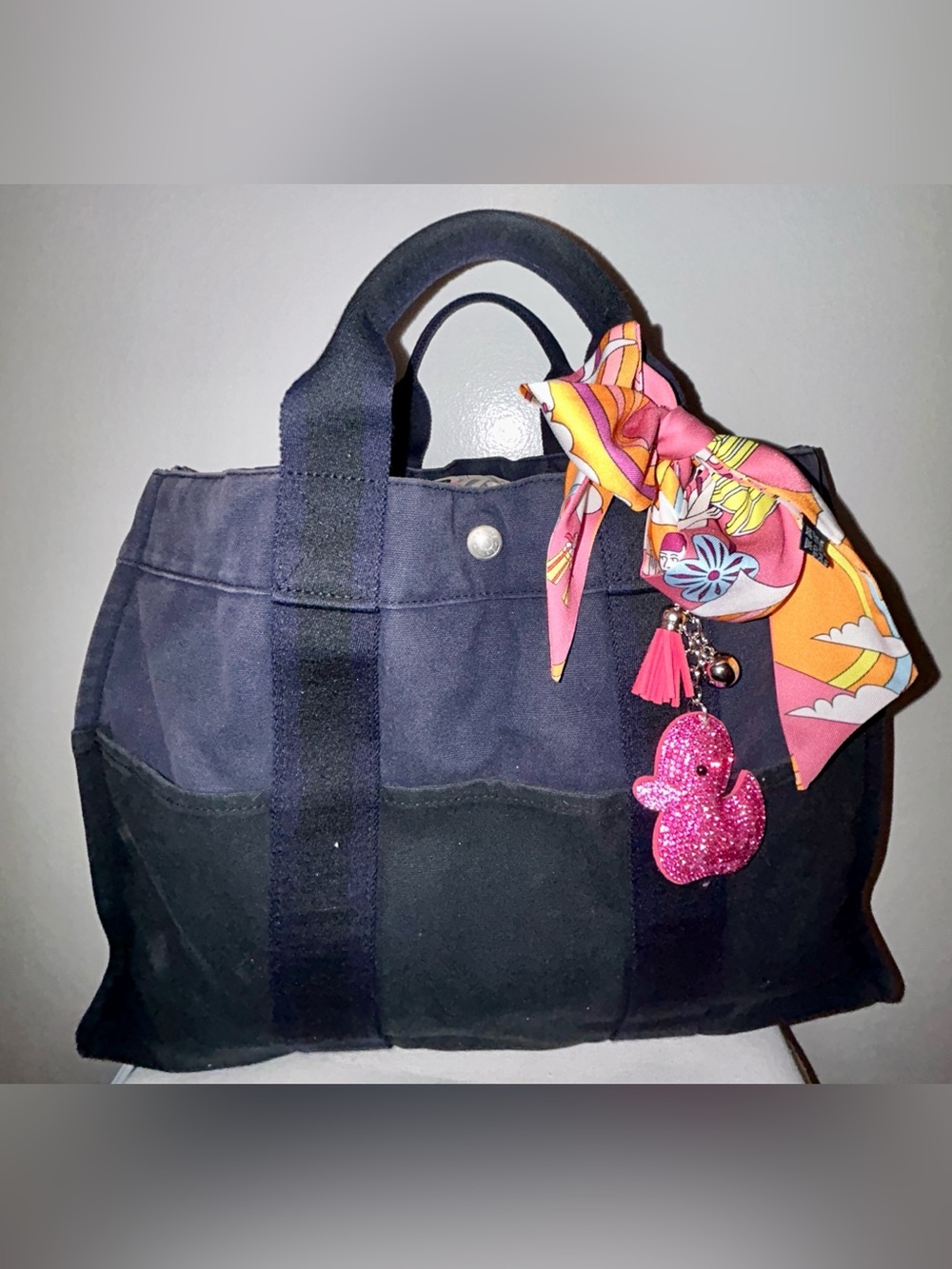 Authentic Hermès Fourre Tout MM Tote, Navy and Black Canvas. Hermes Twilly - Picture 2 of 11